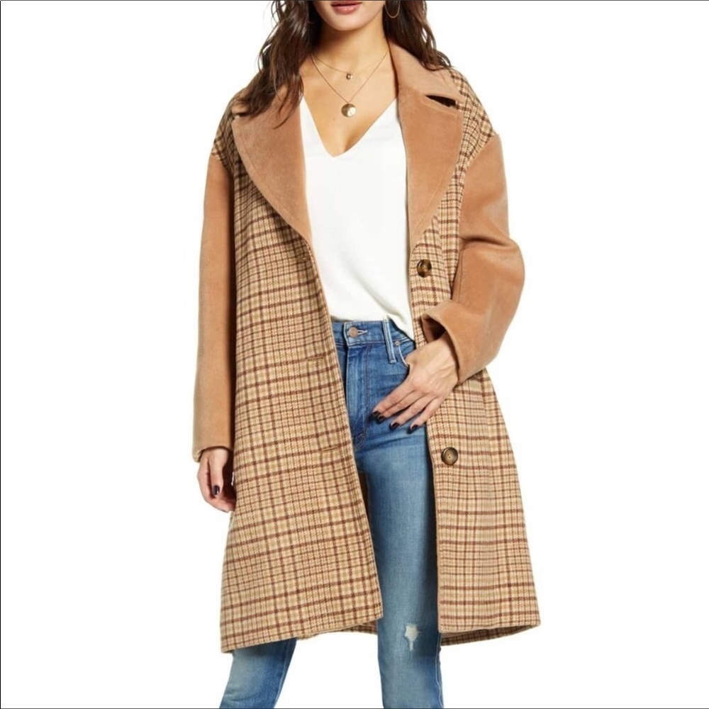 Mural Plaid Longline Coat Jacket Wool Blend Brown